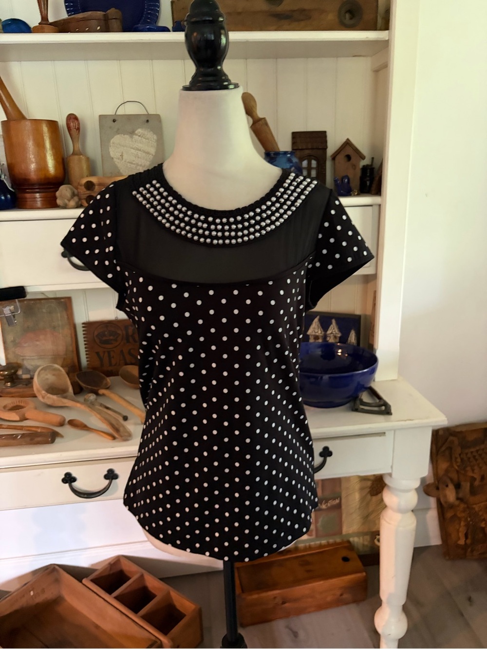 Black Polka Dot Embellished Mesh Yoke Top